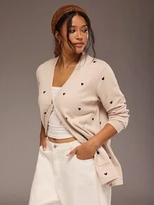 Freevana 大尺碼女款秋冬心形圖案長袖單排扣針織開襟衫 - 杏色 - 查看 5