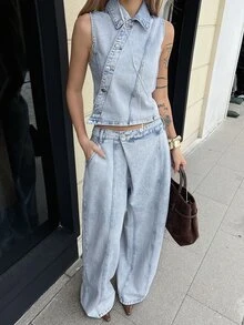 DAZY Light Blue Lapel Sleeveless Single-Breasted Waist-Cinching Denim Vest Paired With Loose Wide-Leg Denim Pants Set - Blue - View 4