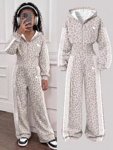 SHEIN Sparklyn Tween Girl Fashion Minimalist Solid Color Hooded Zip-Up Printed Letter High Waist Autumn Winter Jumpsuit,Light Gray Leopard Print & White Stripes - Multicolor - View 2