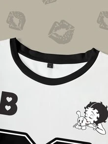 Betty Boop x SHEIN 女款數位條紋印花圓領短袖休閒T恤 - 白色 - 查看 5