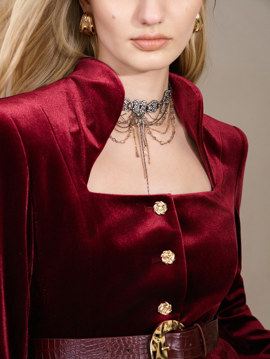 MOTF PREMIUM STAND COLLAR VELVET WIDE SHOULDER METAL BUTTON DECOR BELT ASYMMETRIC COLLAR JACKET - Burgundy - View 2