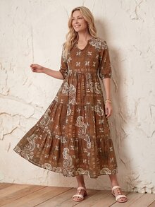 Faunlyn 女款春夏休閒中長洋裝，小V領、中袖、拼色拼接設計 - 鏽棕色 - 查看 3