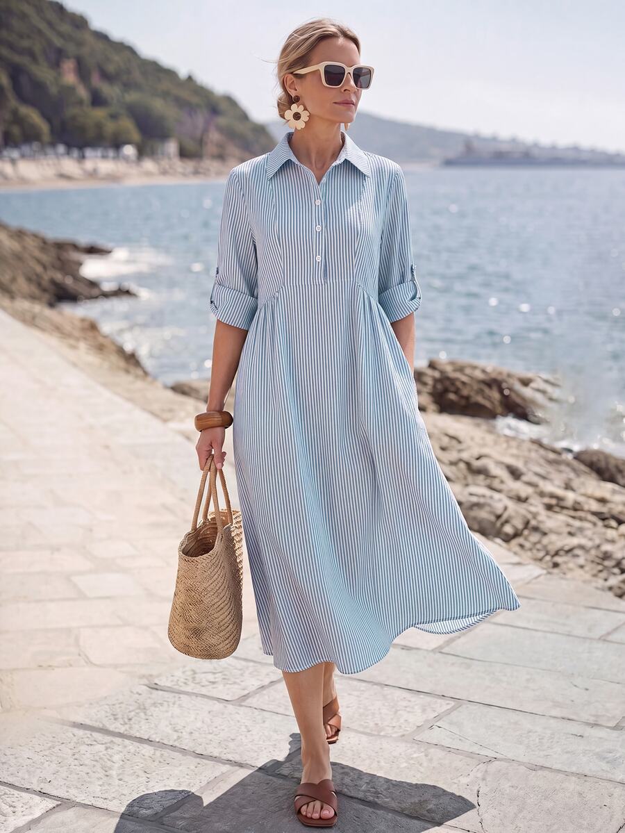 Faunlyn Women's Casual Button Half-Placket Striped Dress Fall Dresses For Women - Multicolor - View 1