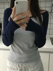 DAZY 女款不對稱肩撞色長袖韓系清新甜美毛衣 - 灰色 - 查看 3