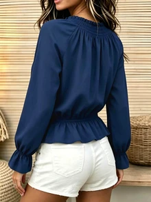 Zayélia New Autumn Women's Long Sleeve T-Shirt Blouse With Ruffle Hem, Fashion Design Solid Color Top - Navy Blue - View 2