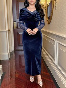 Feyla New Design Lace Patchwork Velvet Waist-Cinching Slimming Elegant Elegant Party Dress - Navy Blue - View 3