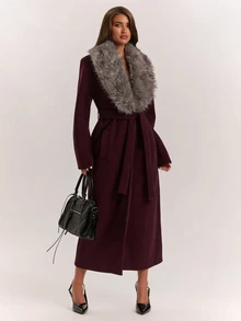 SHEIN BAE Premium Detachable Fur Collar Loose Fit Versatile Cinched Waist Casual Overcoat Jacket - Red Violet - View 3