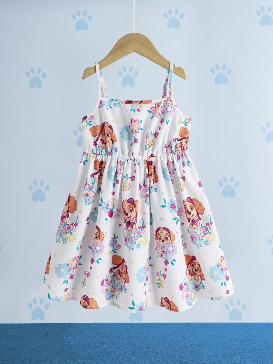 SHEIN | PAW Patrol Young Girl Floral Cartoon Print Spaghetti Strap Dress - White - View 1