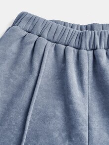 SHEIN Tween女孩秋冬休閒街頭風雪花印花寬鬆圓領長袖套頭衛衣與百褶寬腿運動長褲套裝 2件組 咖啡棕 - 藍色 - 查看 5