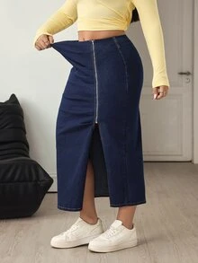 SHEIN Unity Plus Size Women's Side Zipper Design Ruched Side Slit Denim Skirt - Blue - View 4