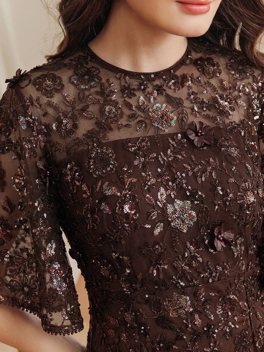 Anewsta Modern Brown Premium Elegant Banquet Date 3D Floral Mesh Sequin Ruffle Short Sleeve Plus Size Dress - Brown - View 1