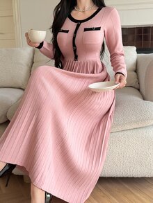 DAZY Autumn/Winter Round Neck Contrast Black Trim Pleated A-Line Pink Elegant Commute Date Women Sweater Dress - Pink - View 4