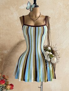 Soleia Colorblock Textured Beach-Style Cinched Waist Slim Fit Asymmetrical Hem Ruffle Trim Flattering Elegant Cami Dress For Casual Wear, Commute, Afternoon Tea, Date And Vacation - Multicolor - View 1