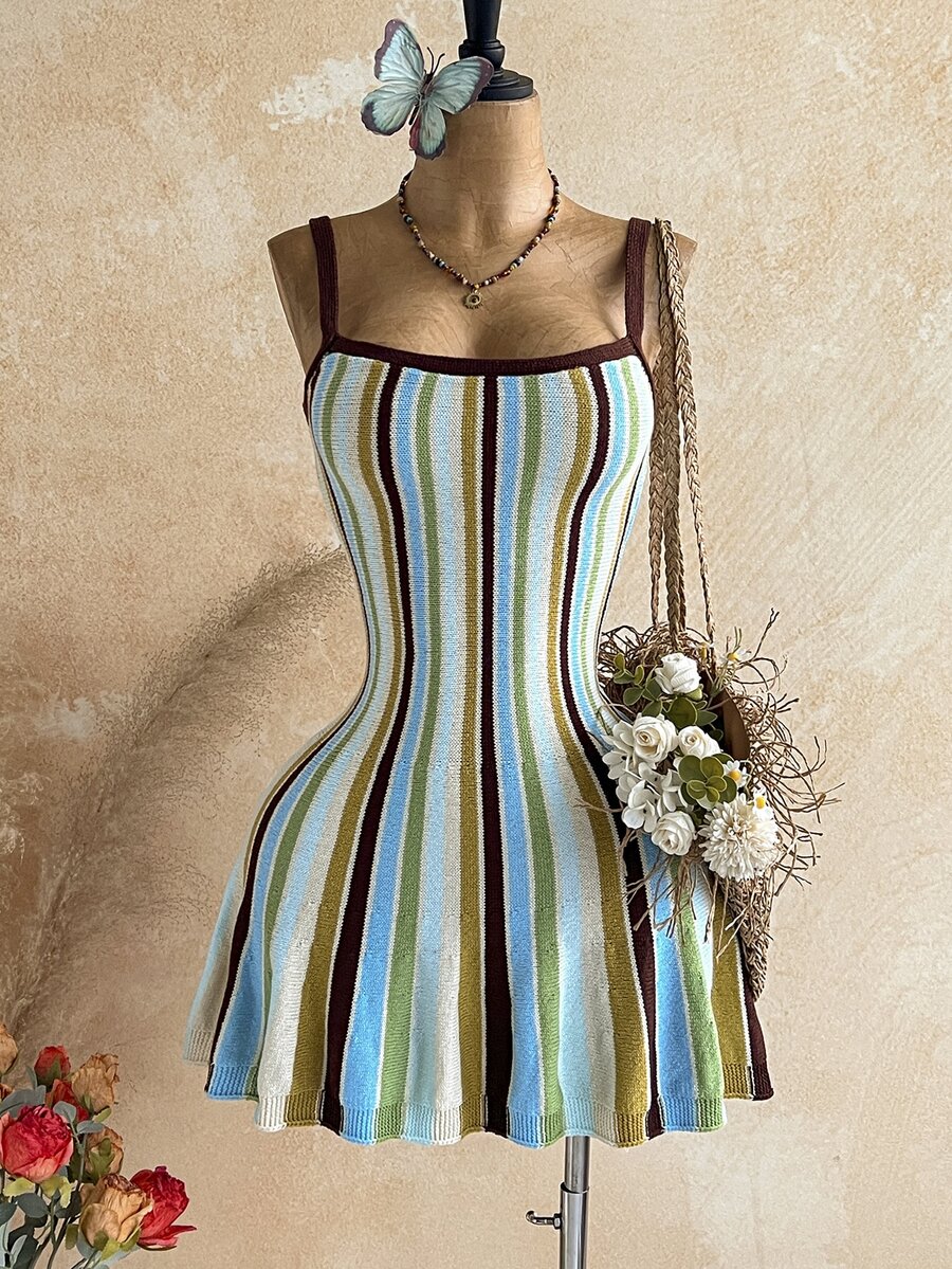 Soleia Colorblock Textured Beach-Style Cinched Waist Slim Fit Asymmetrical Hem Ruffle Trim Flattering Elegant Cami Dress For Casual Wear, Commute, Afternoon Tea, Date And Vacation - Multicolor - View 1