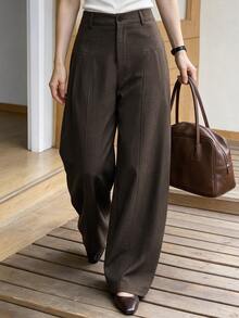 SHEIN PariChic Women's Solid Color Button & Zipper Casual Versatile Wide Leg Pants, Commuter Outfit - Brown - View 7