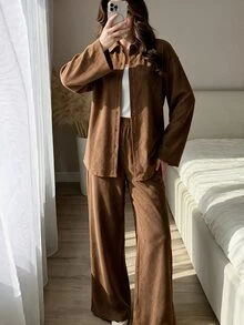 Modelyn 女款長袖斜紋織布鈕扣休閒通勤上衣與直筒褲兩件套 - 棕色 - 查看 7