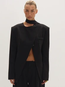 MUSEYN Black Woven Wrap Neck Detail Open Front Suit Blazer Timeless Date Night Tailored Office New Season Fall - Black - View 1
