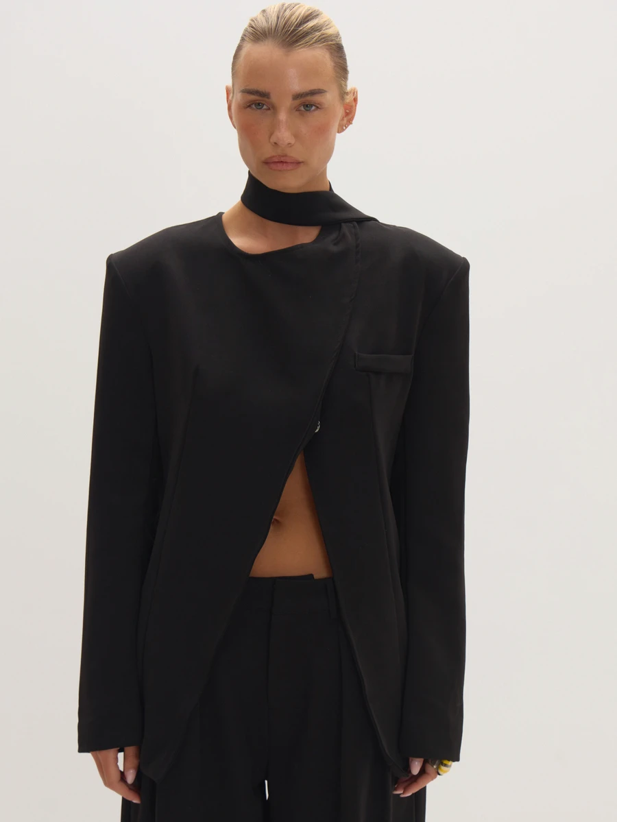 MUSEYN Black Woven Wrap Neck Detail Open Front Suit Blazer Timeless Date Night Tailored Office New Season Fall - Black - View 1