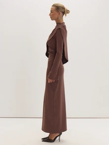 MUSEYN Gaun Maxi Cape Jersey Cokelat, Gaun Kencan Abadi, Musim Gugur Terbaru - Coffee Brown - View 3