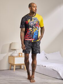 Transformers X SHEIN Men's Cartoon Print Short Sleeve Top And Pocket Shorts Loungewear Set - Black - View 4