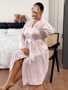 Napfluff CURVE Napfluff CURVE Striped Bow Decor Tie-Front Plus Size Robe - Baby Pink - View 6
