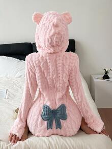 Napfluff Women's Animal-Shaped Hooded Bow Jacquard Velvet One-Piece Pajamas - Pink - View 1