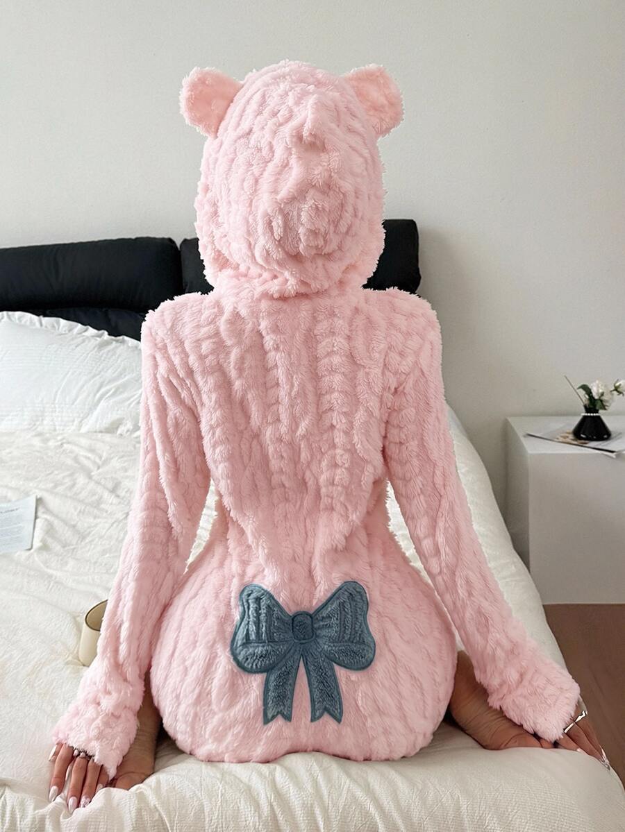 Napfluff Women's Animal-Shaped Hooded Bow Jacquard Velvet One-Piece Pajamas - Pink - View 1