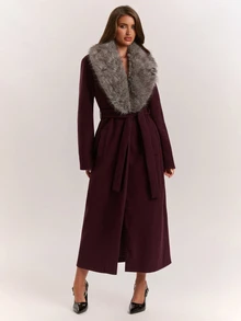 SHEIN BAE Premium Detachable Fur Collar Loose Fit Versatile Cinched Waist Casual Overcoat Jacket - Red Violet - View 5