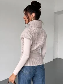 Firerie Women's Cable Knit High Neck Knotted Waist Casual Vest - Apricot - View 2