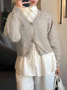 Feyla Plus Size Embroidered Metal Button Long Sleeve Knit Cardigan - Khaki - View 1
