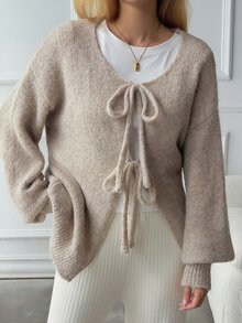 DAZY Solid Color Loose Long Sleeve Tie-Neck Round Collar Casual Vacation Korean Style Autumn/Winter Knit Cardigan For Women - Khaki - View 2