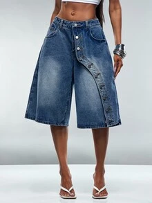 Denimoi Button Front Oversized Denim Jorts Fashionable Streetwear Cool Girl Shorts Fall Outfits - Medium Wash - View 1