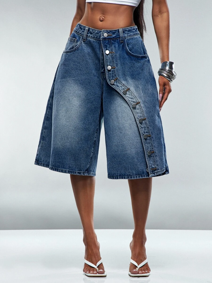 Denimoi Button Front Oversized Denim Jorts Fashionable Streetwear Cool Girl Shorts Fall Outfits - Medium Wash - View 1