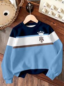 1pc Toddler Royal Blue Crown NY Letter Print Fleece Crew Neck Sweatshirt, Color Block Striped Design, Sports Outdoor Casual, Suitable For Autumn/Winter - Multicolor - View 2