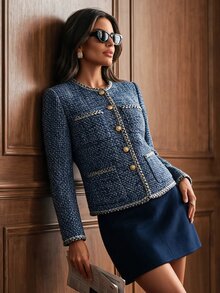 Anewsta Autumn/Winter New Elegant Vintage Party Evening Exquisite High-End Open Front Women's Overcoat - Blue - View 4