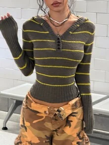 StreetHx Women's Streetwear Y2K Colorblock Horizontal Striped Slimming Half-Button Pullover Retro Long Sleeve Sweater Top, Autumn/Winter - Multicolor - View 6