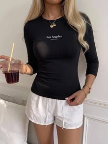 SHEIN EZwear 女款休閒修身七分袖T恤，秋季上衣，適合日常通勤、聚會、秋冬/夏季、聖誕節、新年、感恩節、派對、婚禮、海灘、畢業典禮、優雅、外出、約會、通勤、情人節、優雅、度假、Y2K - 黑色 - 查看 6