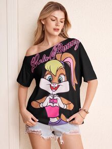 LOONEY TUNES X SHEIN 女款不對稱肩短袖休閒寬鬆T恤 - 黑色 - 查看 4