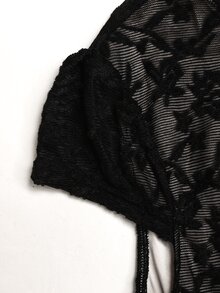 SHEIN 青少年女孩優雅黑色蕾絲立領短袖休閒優雅針織洋裝，派對洋裝 - 黑色 - 查看 5