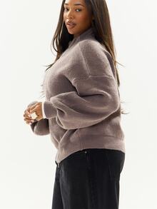 MUSERA Grey Knit Plus Size Funnel Neck Zip Detail Cardigan Casual Cool Basic Fall Winter Autumn - Grey - View 3