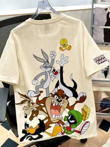 LOONEY TUNES X SHEIN Daypath 男士大尺碼卡通印花短袖T恤 - 杏色 - 查看 2