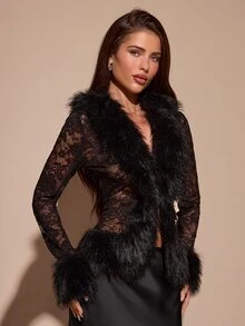 SHEIN BAE Women's Patchwork Faux Fur Lace Long Sleeve Sexy Cardigan - Black - View 8