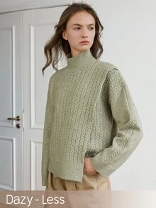 Dazy-Less Women's Green Round Neck Long Sleeve Cable Knit Fitted Ribbed Casual Sweater, Winter - Mist Green - View 6