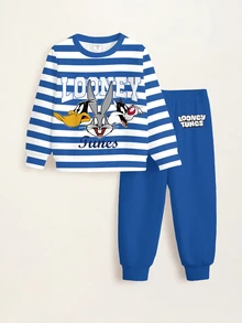 LOONEY TUNES X SHEIN Young Boy Striped Letter Cartoon Pattern Long Sleeve Sweatshirt And Sweatpants Set - White - View 7