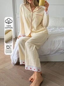 DAZY Women's Colorblock Long Sleeve Top And Pants Casual Daily Home Sleepwear Set - Beige - View 7