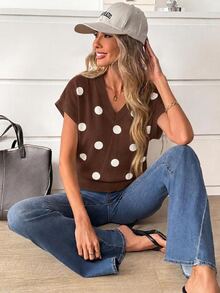 Comfylo Casual Minimalist Women's V-Neck T-Shirt With Polka Dot Print Pattern, Versatile - Multicolor - View 4