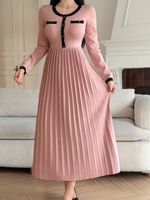 DAZY Autumn/Winter Round Neck Contrast Black Trim Pleated A-Line Pink Elegant Commute Date Women Sweater Dress - Pink - View 5