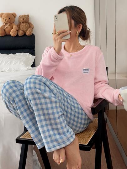 Napfluff Pullover Flanel Warna Polos, Celana Lengan Panjang Motif Kotak-kotak, Pakaian Santai
