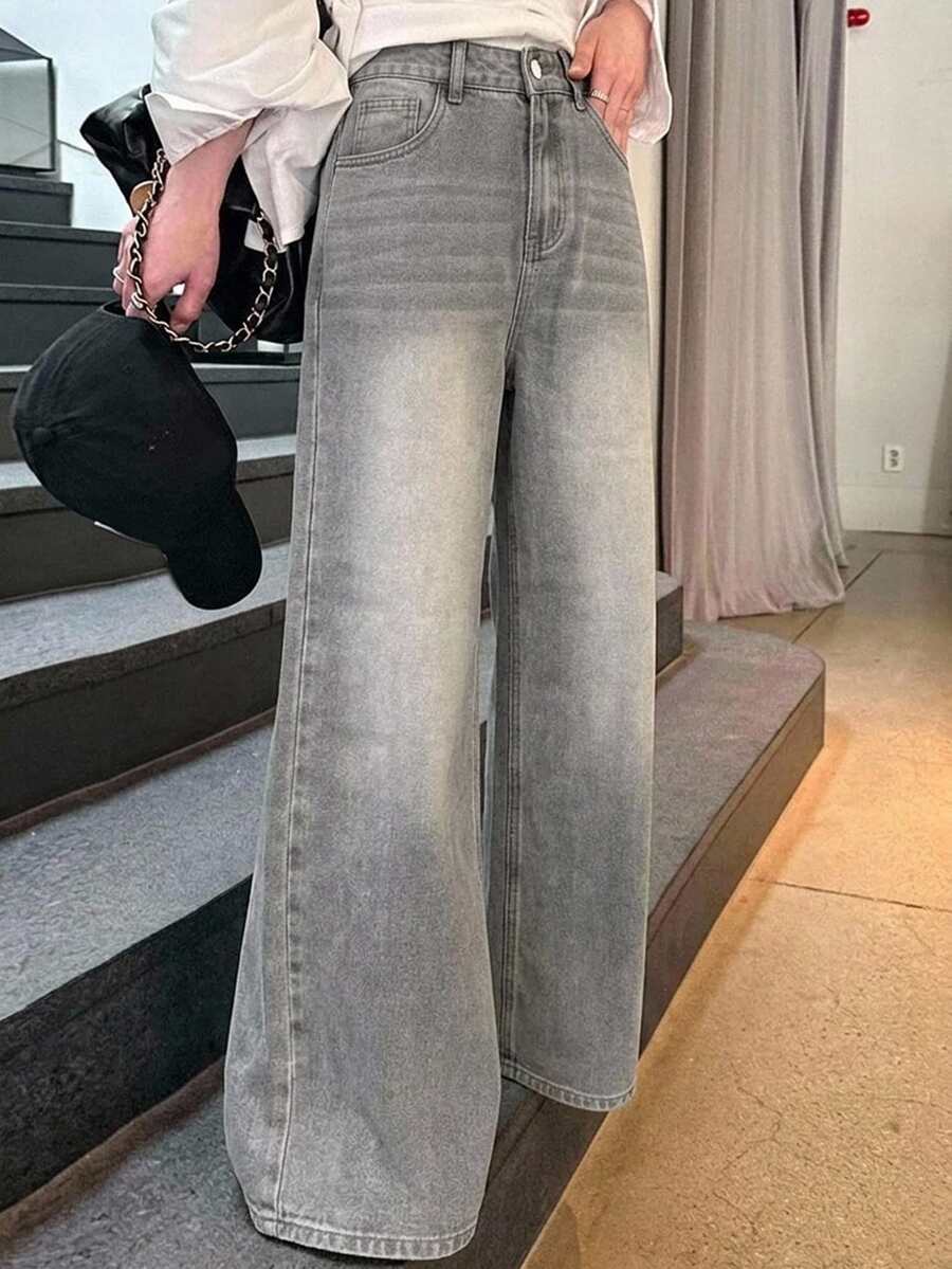 DAZY 女款寬鬆高腰修身直筒牛仔褲,簡約百搭舒適長褲 - 灰色 - 查看 1