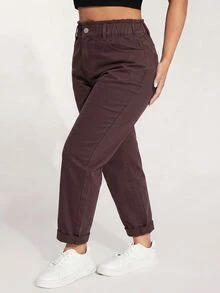 Jeanoix Celana Jeans Denim Saku Kancing Serbaguna untuk Ukuran Plus - Coklat - View 3